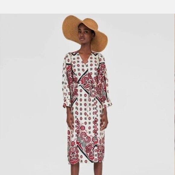 Zara Satin Elegant Red and White Patterned Dress - Picture 6 of 7